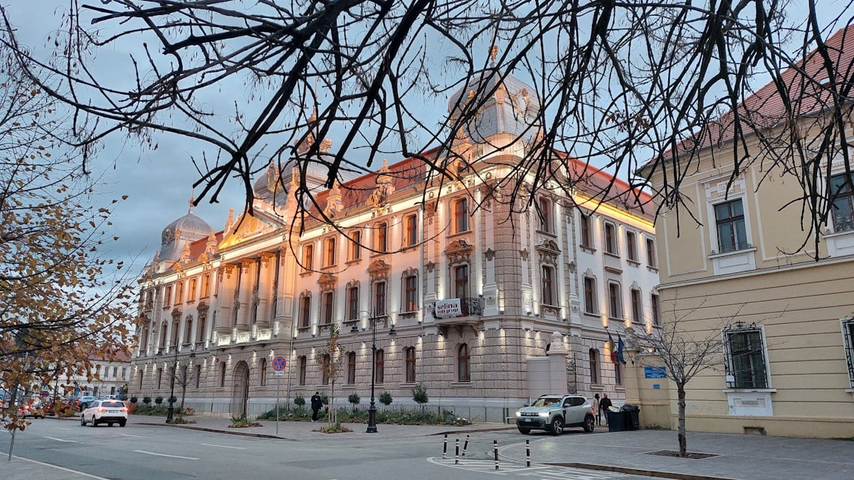 Ornate building with illuminated windows and bare trees
